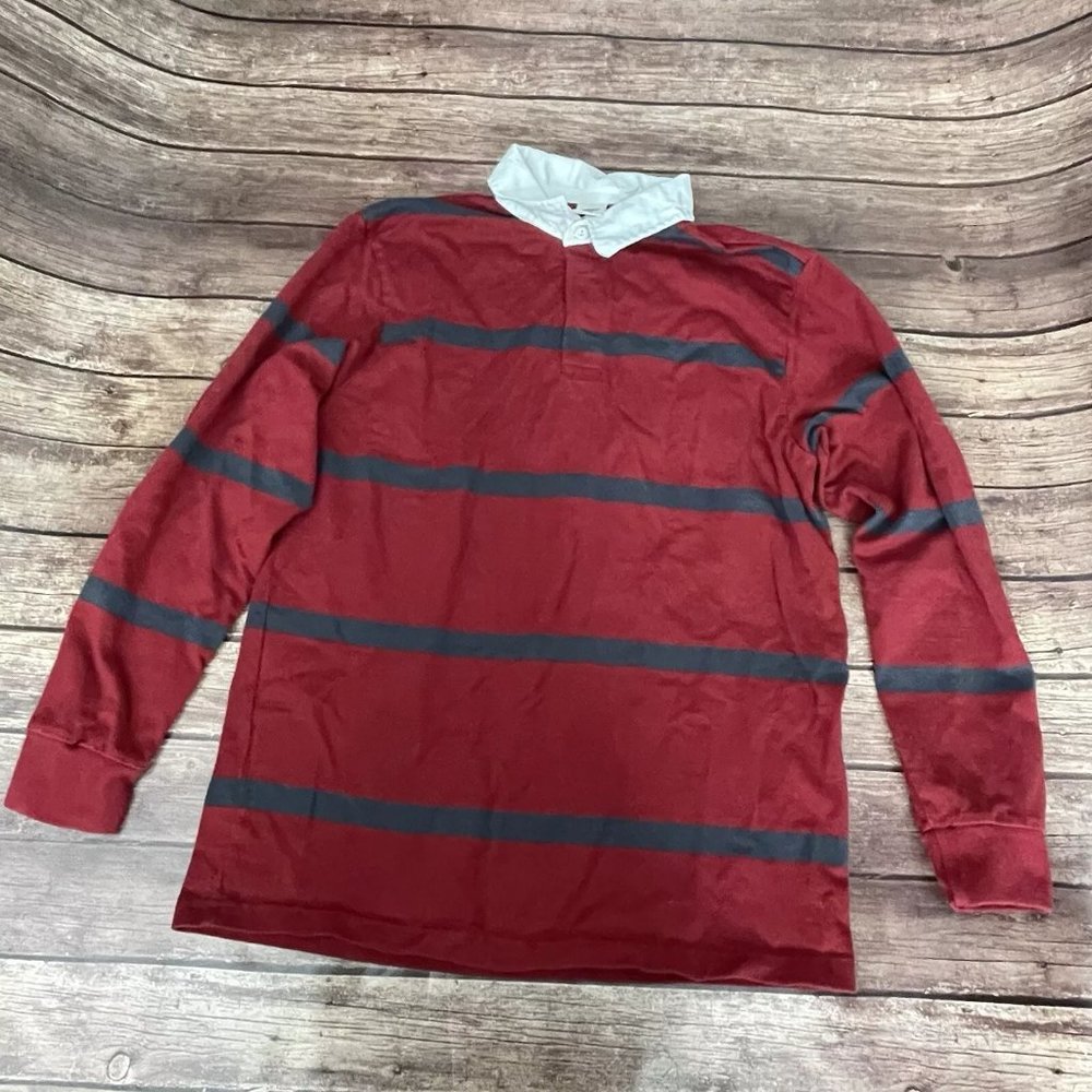 Men’s Old Navy Maroon & Navy Striped Long Sleeve Rugby Shirt Medium White Collar